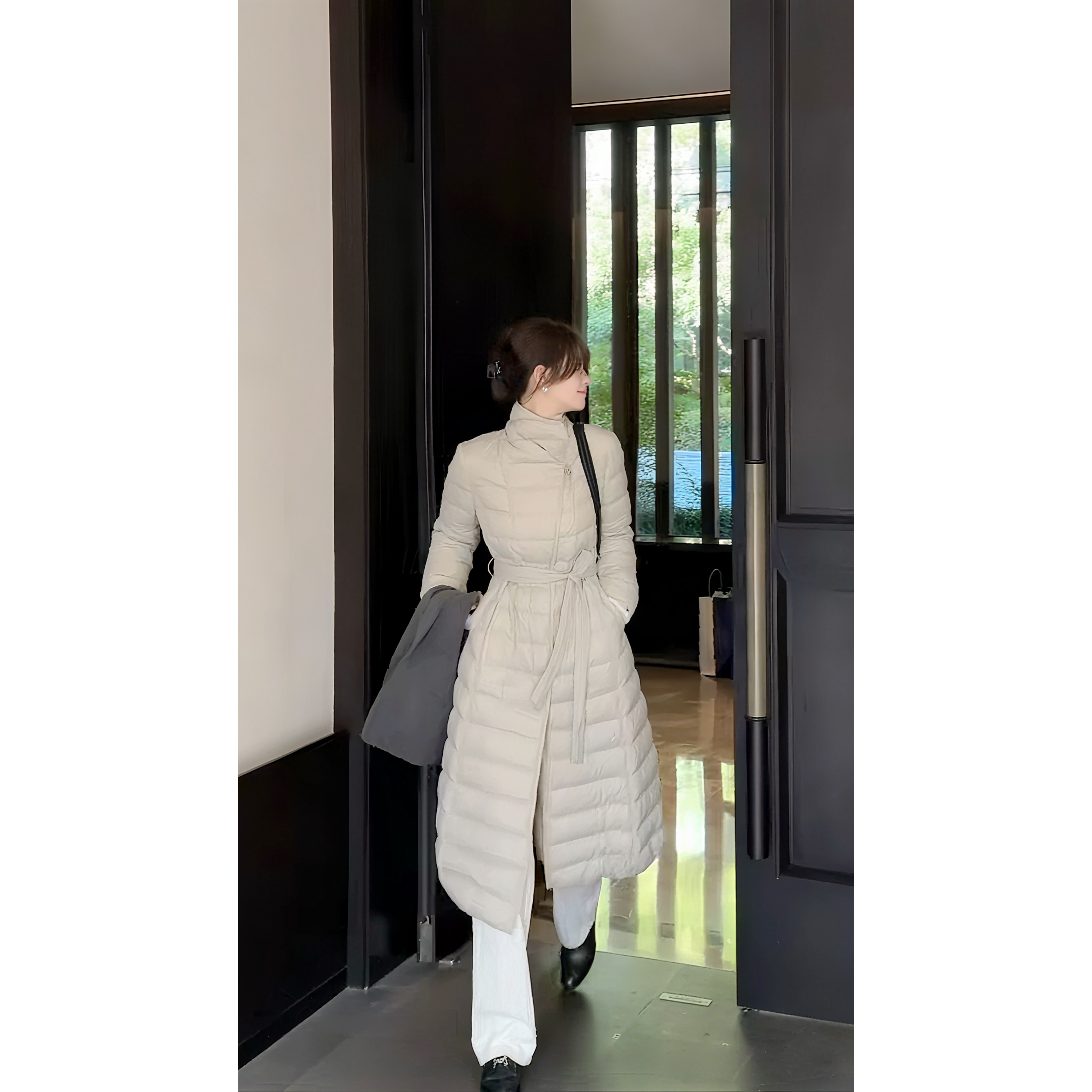 90白鹅绒收腰系带中长款羽绒服女