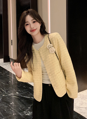 黄色立体花朵小香风外套2025秋季新款气质名媛风圆领百搭短上衣女