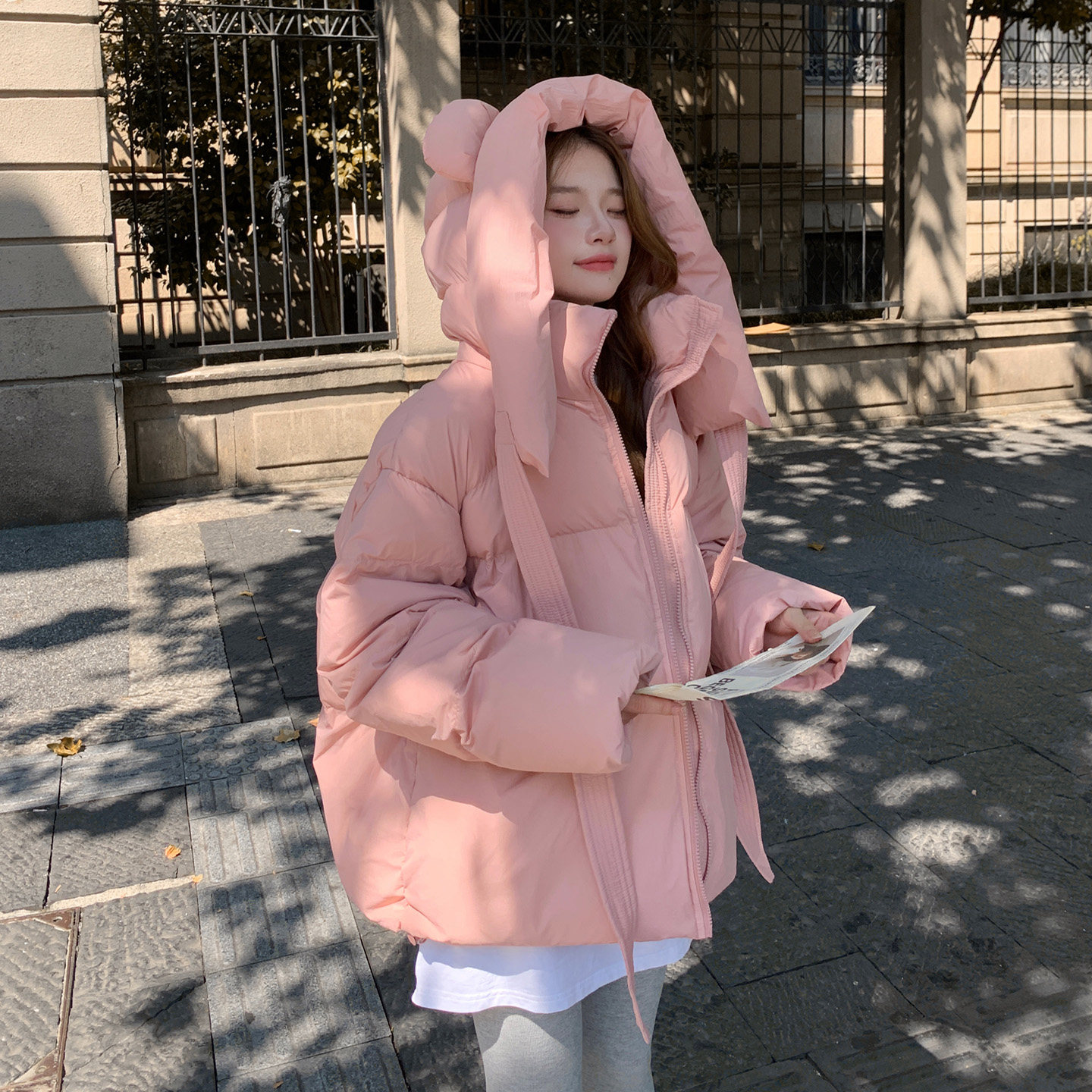粉色连帽加厚保暖面包服