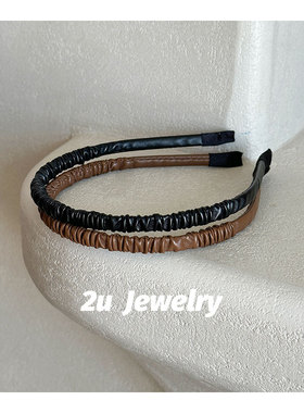 韩国柔软皮质褶皱细发箍简约气质纯黑色头饰发卡百搭复古外出头箍