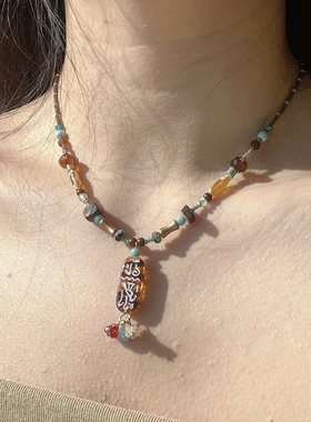 酒馆三零二秒原创项链复古设计感时尚文艺蓝色做旧感