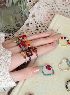 圣诞系列～戒指合集 原创设计复古做旧琉璃珠戒指食指戒