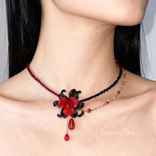 黑红也是红！酒馆原创红黑撞色水滴复古花朵项链锁骨链穿搭送礼