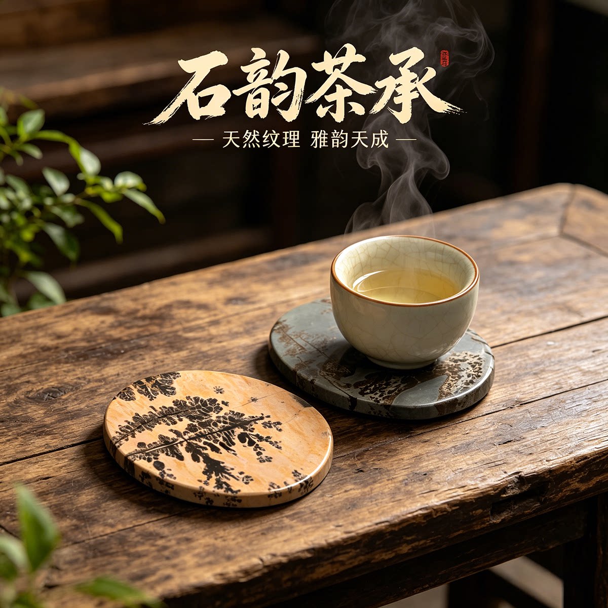广西天然奇石国画石草花石上漆大号椭圆片茶杯垫手玩鱼缸石J1-50