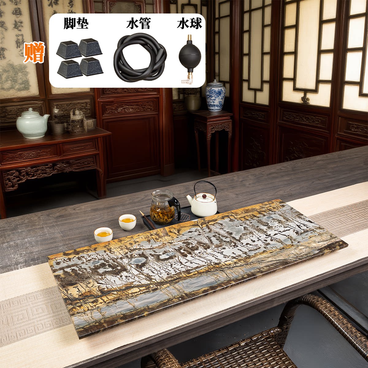 【广西天然国画石茶盘 高端轻奢礼选】原石精雕 方正格局藏雅韵