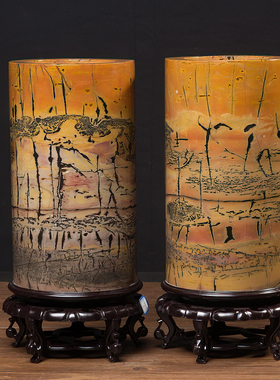 草花石国画石天然奇石一对大圆柱直筒通底花盆中式书画筒TD138