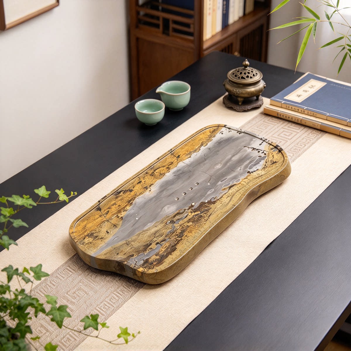 【天然国画石随形茶盘】高端轻奢纹理天成 茶室雅器 送礼收藏佳选