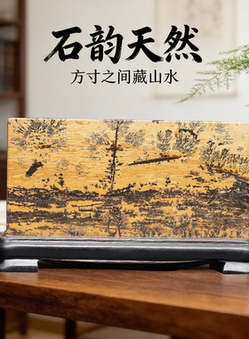 广西天然国画石草花石奇石7×12CM带底座方形小薄片摆件TF39-77