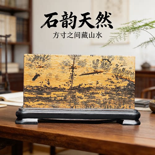 广西天然国画石草花石奇石7×12CM带底座方形小薄片摆件TF39-77