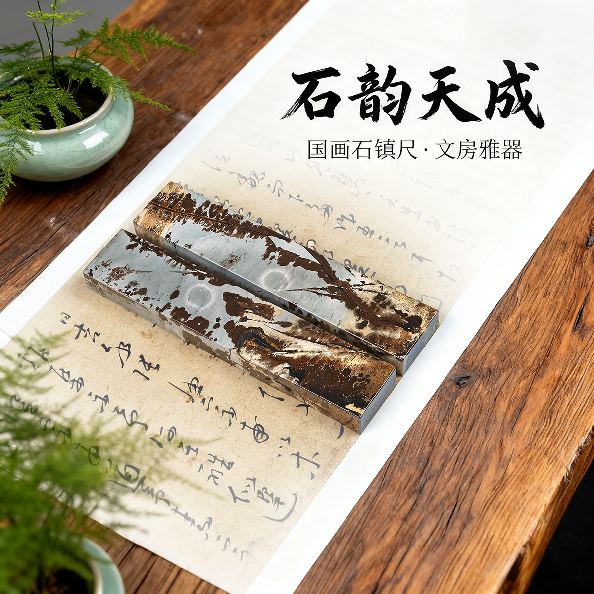 内有多款草花石奇石国画石工艺手作文房用具山水画一对镇纸尺压条