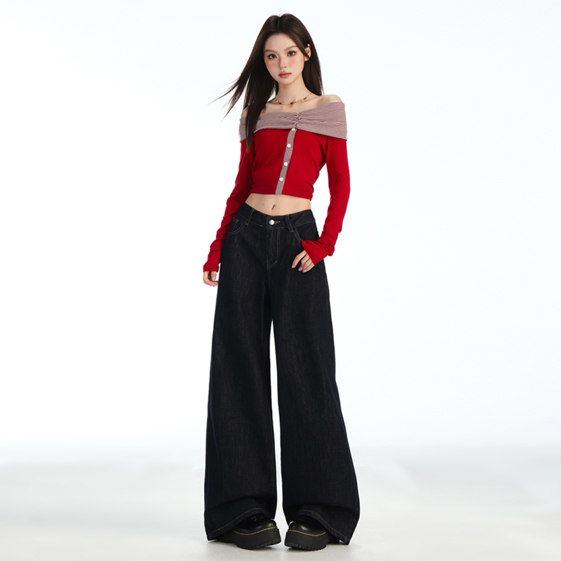 花漾2025年复古丹宁蓝慵懒风辣妹中腰显瘦百搭牛仔裤女新款牛仔阔