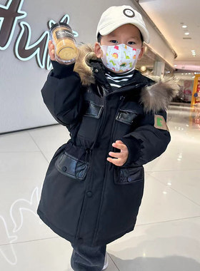 儿童羽绒服男童冬季新款大毛领可收腰长款外套宝宝童装加厚保暖
