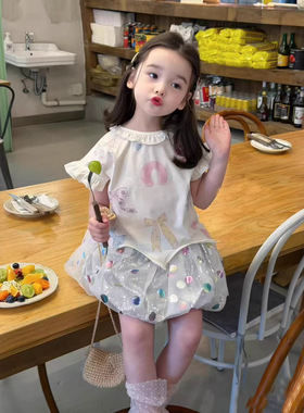女童夏装套装儿童026新款儿童卡通圆领T恤宝宝洋气休闲半身裙子潮