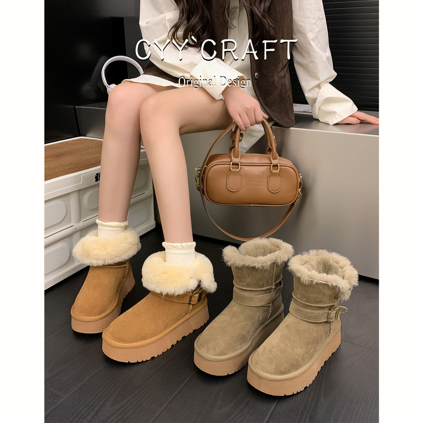 厚底雪地靴女短筒毛绒保暖棉鞋冬