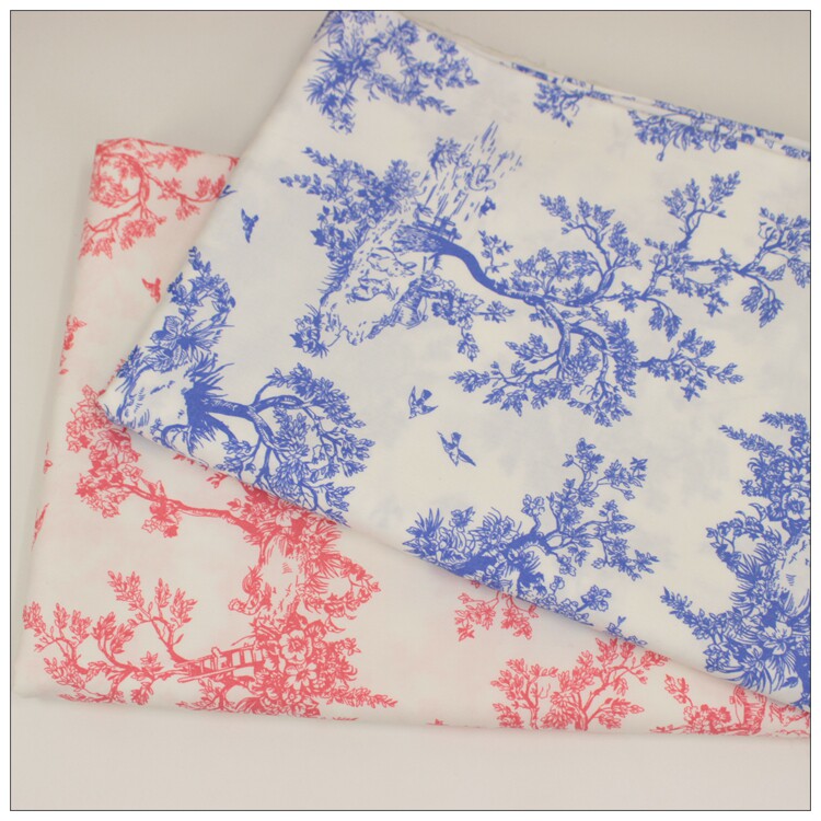 纯棉斜纹印花布料床品服装惠安女头巾裙子手工面料青花国风风景