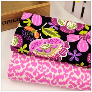 Vera bradley外贸纯棉印花布料服装惠安女头巾面料黑底紫花粉豹纹