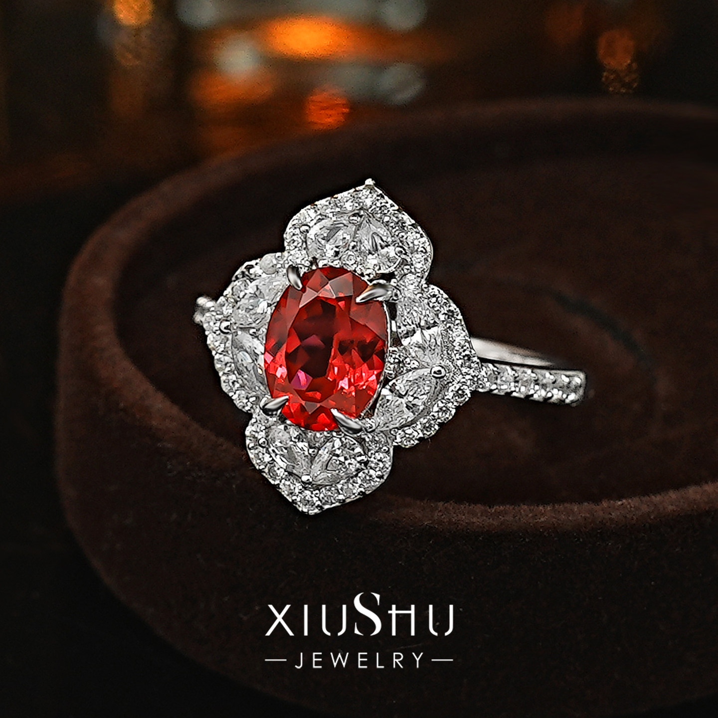 1.5ct《炽焰》培育鸽血红宝石925银戒指四叶草轻奢高级感宴会女戒