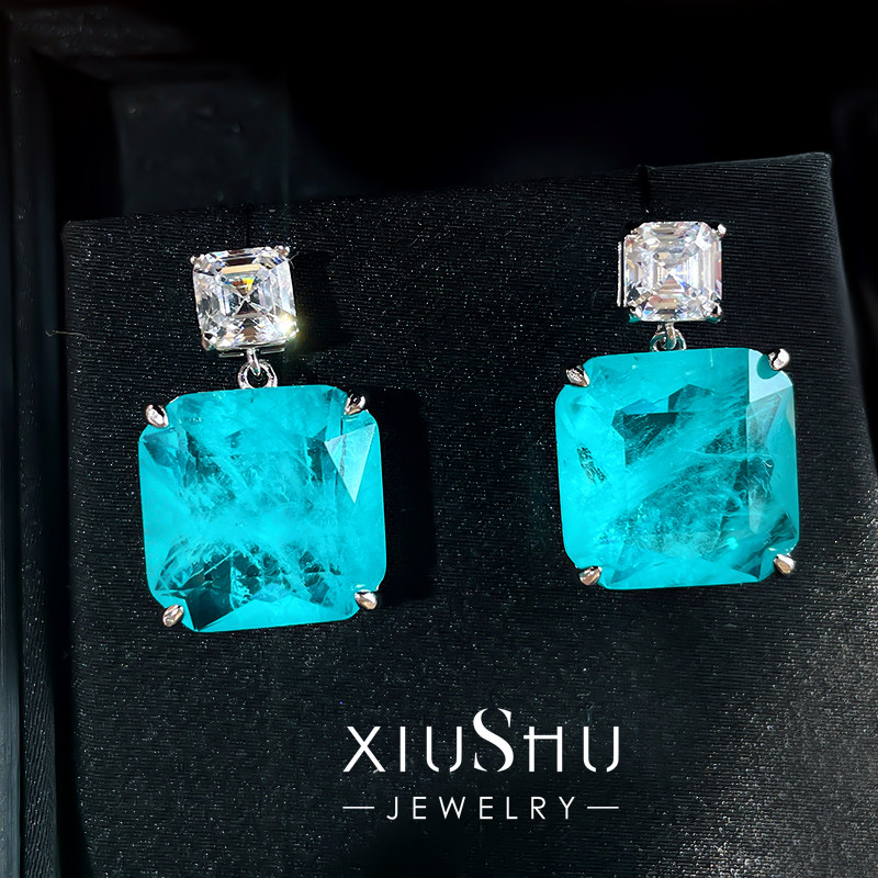 帕拉伊巴色大耳钉女时尚气质耳环ins高冷欧美925纯银祖母绿