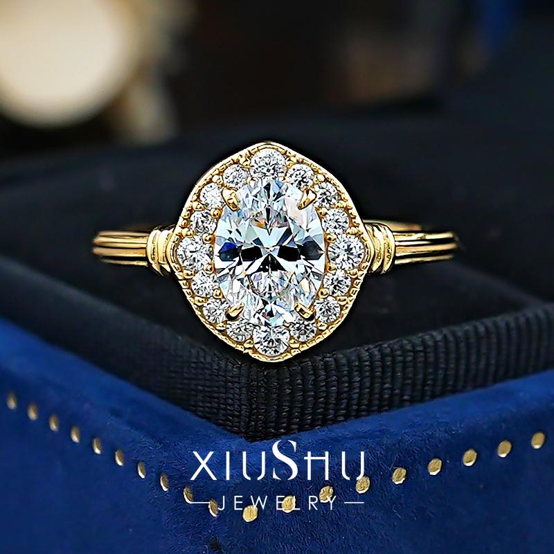 中古鸽子蛋925银戒指女黄金色