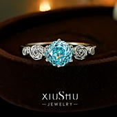 立体花朵海蓝宝色925银戒指女长期主义清冷感彩宝款 真爱玫瑰