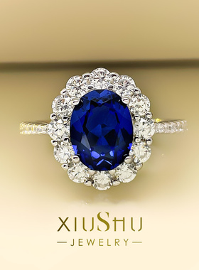 XIUSHU高定2克拉皇家蓝色戒指女925银小众设计轻奢