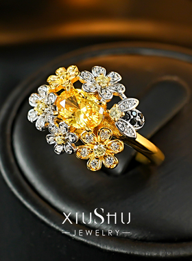 925纯银戒指椭圆黄钻色花戒指