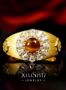 古董宫廷感拉丝虎眼石925纯银戒指小众精致时髦指环食指宽版排钻