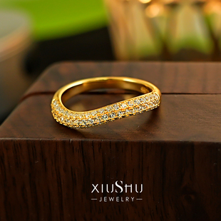 密钉镶嵌《 波浪形》925纯银戒指镀黄金色叠戴食指排钻ins风