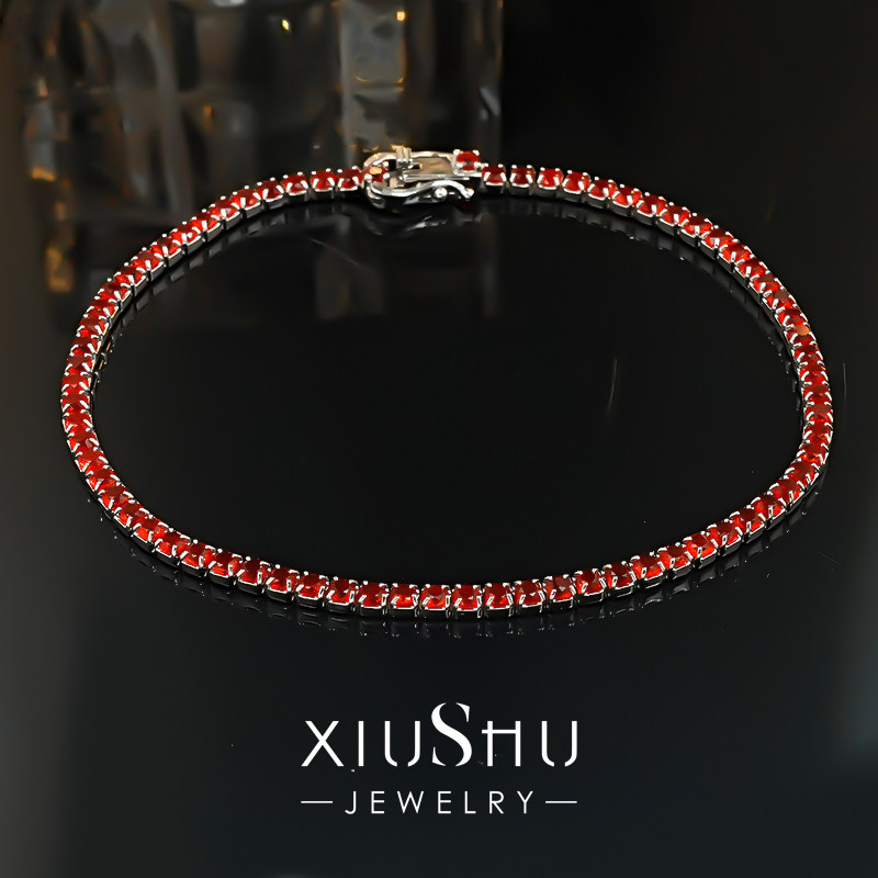 轻奢极简细圈925银人工红刚玉手链微镶百搭叠戴小众设计气质简约