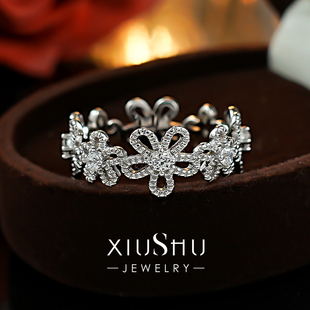 《仙女花环》精工蕾丝排钻戒指叠戴925银镀金食指宽版指环新款