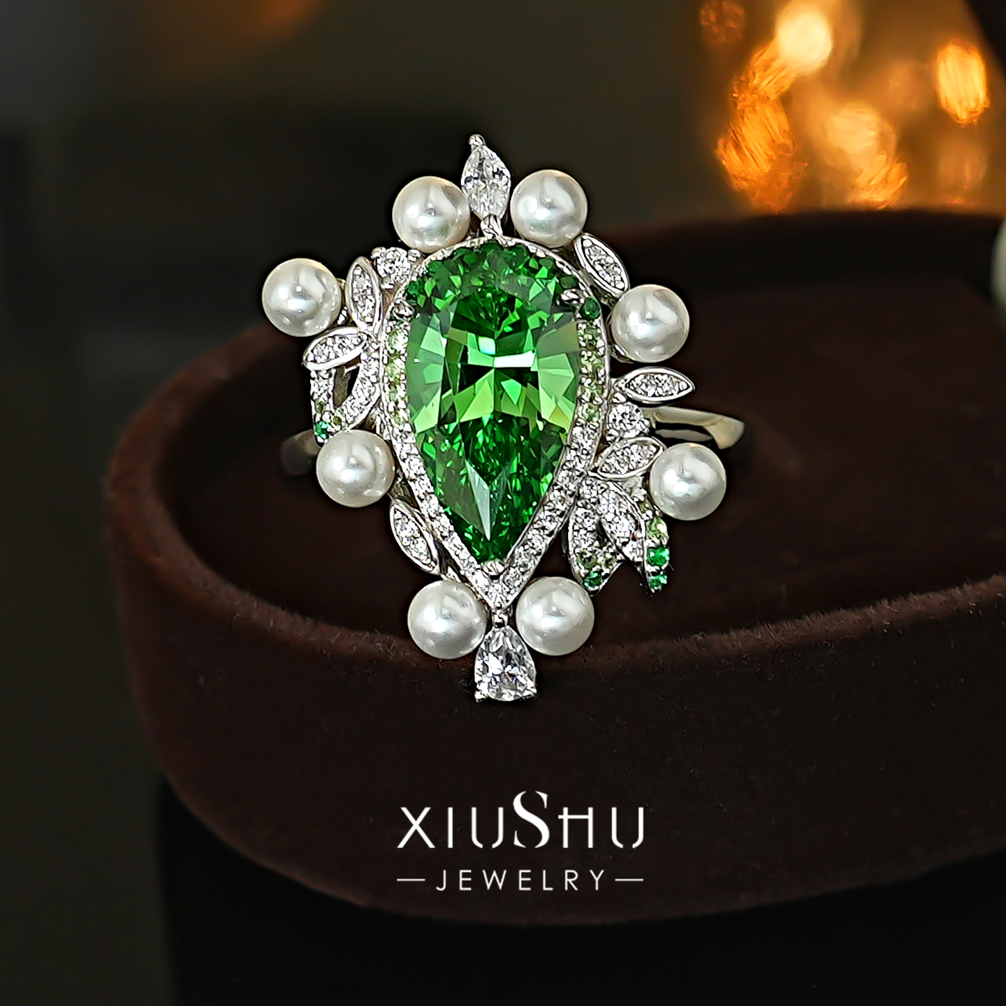 绿碧玺色水滴梨形925纯银戒指