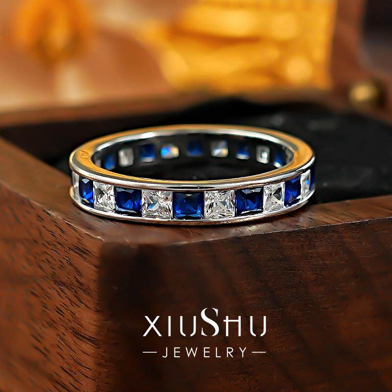 银环轻奢925银培育皇家蓝宝石排钻戒指轨道镶日常款小众气质个性