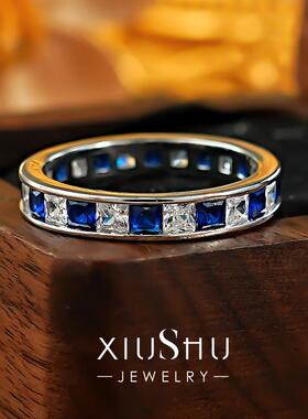 银环轻奢925银皇家蓝色排钻戒指轨道镶通勤日常款女小众气质个性