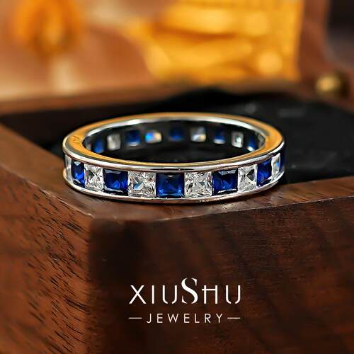 银环925银培育皇家蓝宝排钻戒指