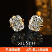 轻奢简约大气雷迪恩碎冰切925银耳钉镶嵌高碳钻肥长方气质百搭女