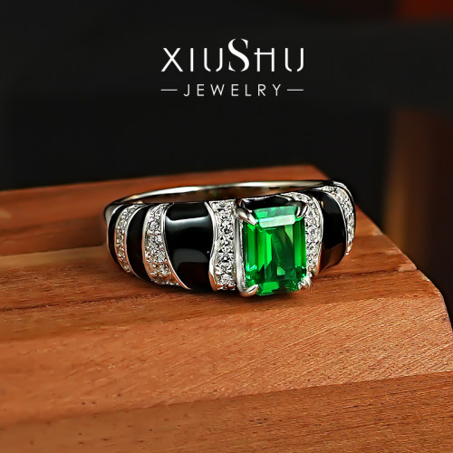 中古风祖母绿色925银戒指