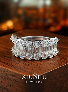 爆闪梯方满钻925银轨道镶戒指