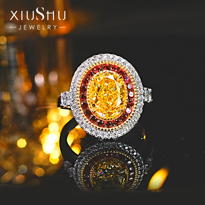 时尚轻奢椭圆黄钻925银戒指