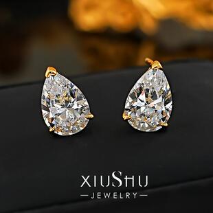 3克拉轻奢水滴梨形耳钉925银女养耳洞泪滴耳环简约小众百搭气质