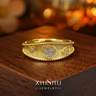 《鎏光织影》古法点钻爱心拉丝925银戒指时髦个性叠戴指环食指