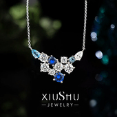 闪耀清新繁花皇家蓝海蓝宝色锁骨项链925银多巴胺 锦簇星芒