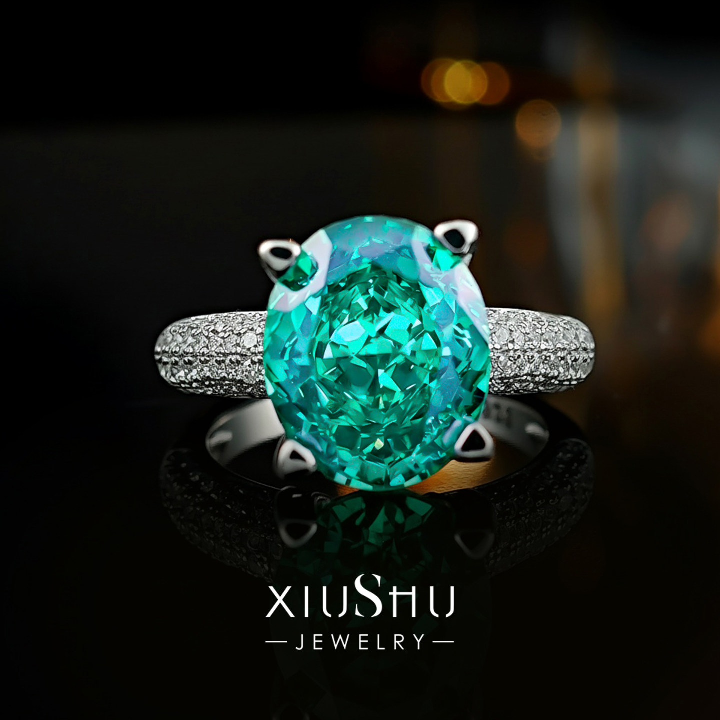 8ct《森屿流光》帕拉伊巴色冰花切925银戒指宽臂满钻指环简约气质