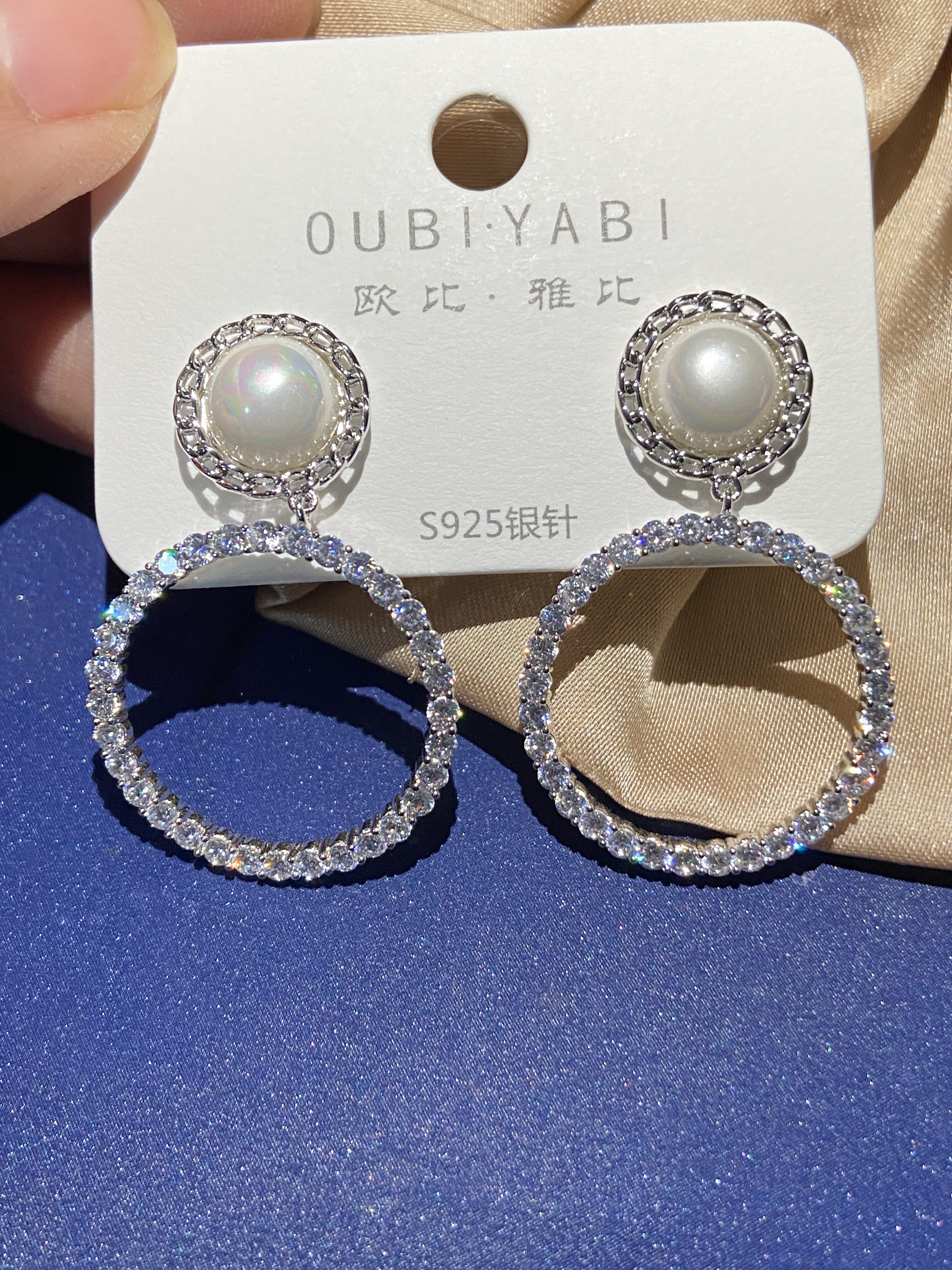 欧比雅比珍珠微镶锆石耳环925银针镀白金耳饰女