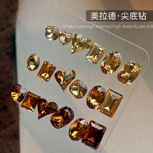 美甲2026新款 秋冬肥方红咖色立体钻指甲饰品 美拉德尖底钻网红爆款