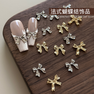 饰 蝴蝶结美甲饰品蝴蝶结超闪立体指甲贴片装 新款 ins风金银色法式
