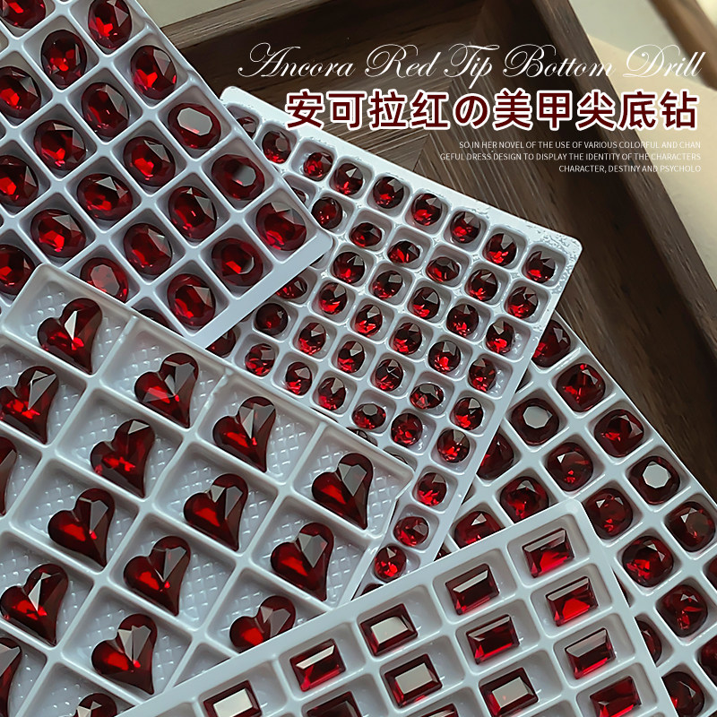 安可拉红美甲尖底钻秋冬红色异形方糖歪心椭圆K9大钻饰指甲装饰品