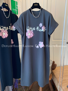 新款 DHR 今年流行漂亮气质碎花短袖 T恤连衣裙子长裙宽松2024夏季