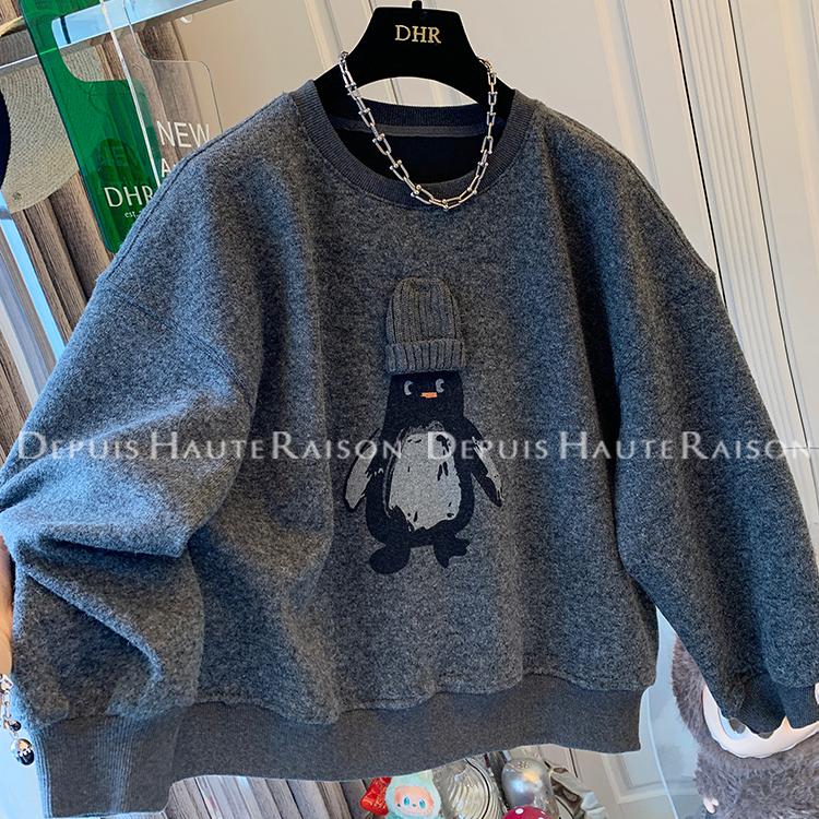 DHR超好看减龄企鹅加绒圆领卫衣