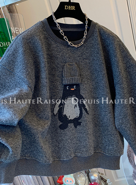 DHR 独特超好看减龄企鹅加绒圆领卫衣宽松韩版套头上衣女冬季新款