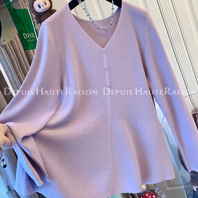 DHR法式气质鱼尾V领荷叶边针织衫